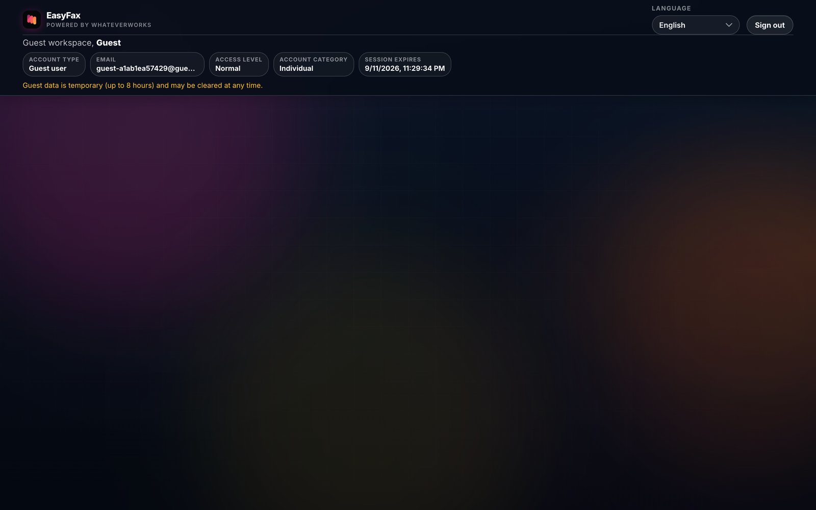 EasyFax guest workspace — account type, access level, category, and an expiring session shown in the header