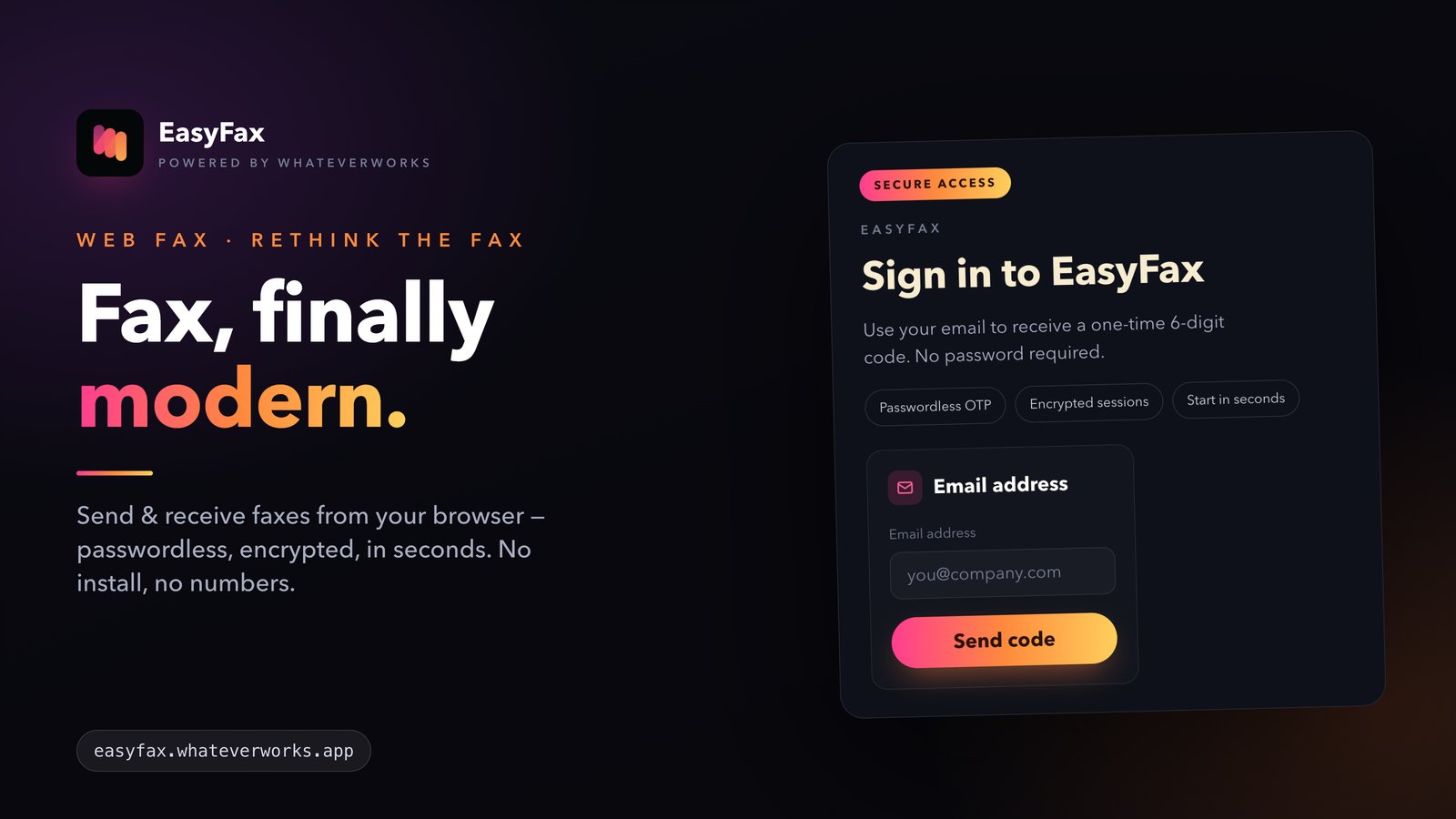 EasyFax sign-in — enter an email and receive a one-time code to sign in