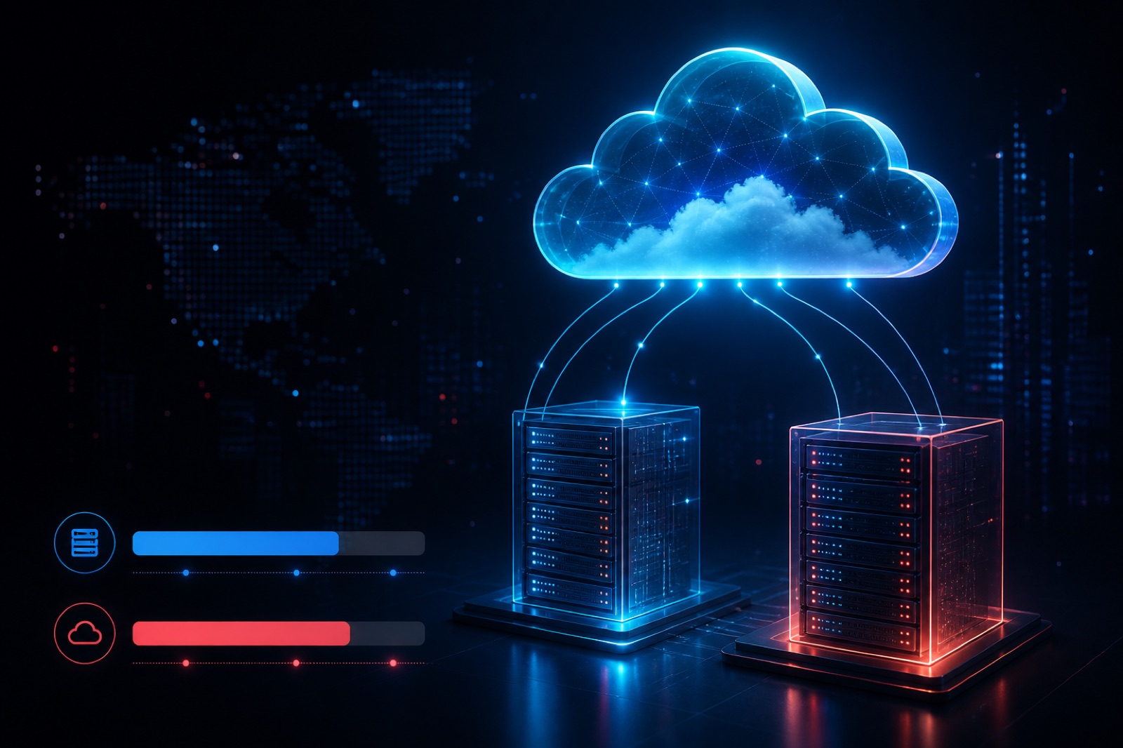 Illustration of cloud infrastructure and server racks for VPS hosting comparison